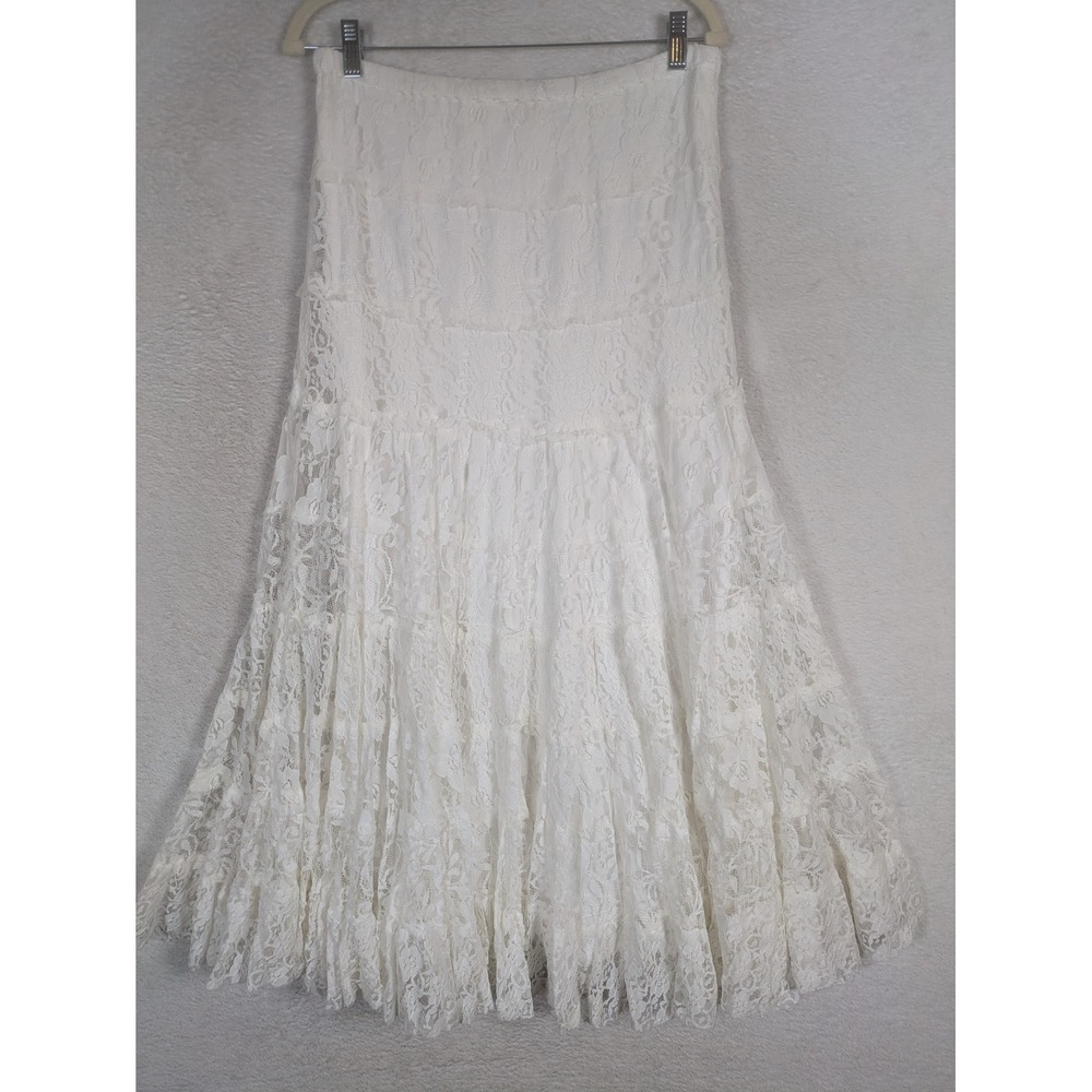 White Elegance Maxi Skirt Women's M White Tiered Lace Lined Formal Temple Boho